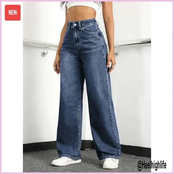 High Waisted Straight Leg Boyfriend Jeans, Stretchy Denim, Baggy Fit - Picture 6 of 7
